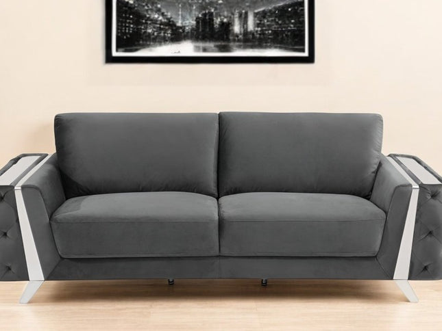 90" Gray Velvet Sofa With Silver Legs