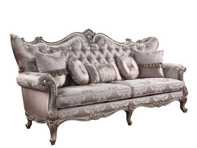 94" Dark Gray Imitation Silk Damask Sofa And Toss Pillows With Champagne Legs