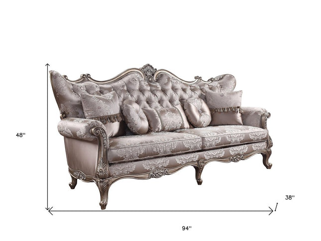 94" Dark Gray Imitation Silk Damask Sofa And Toss Pillows With Champagne Legs