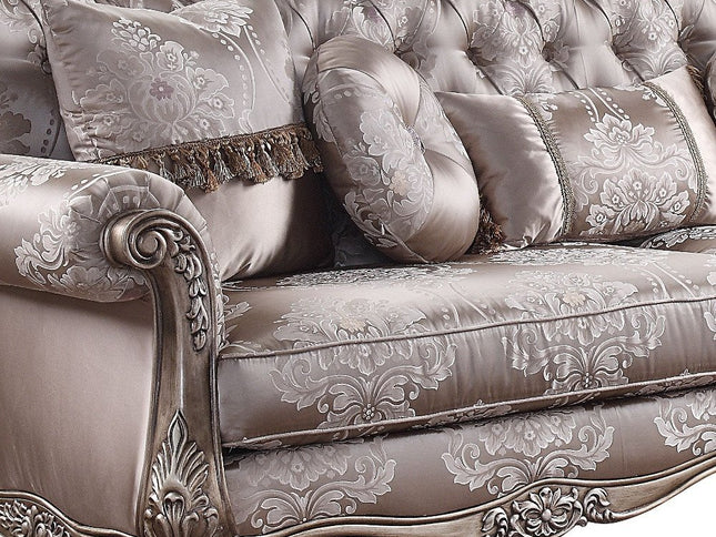 94" Dark Gray Imitation Silk Damask Sofa And Toss Pillows With Champagne Legs