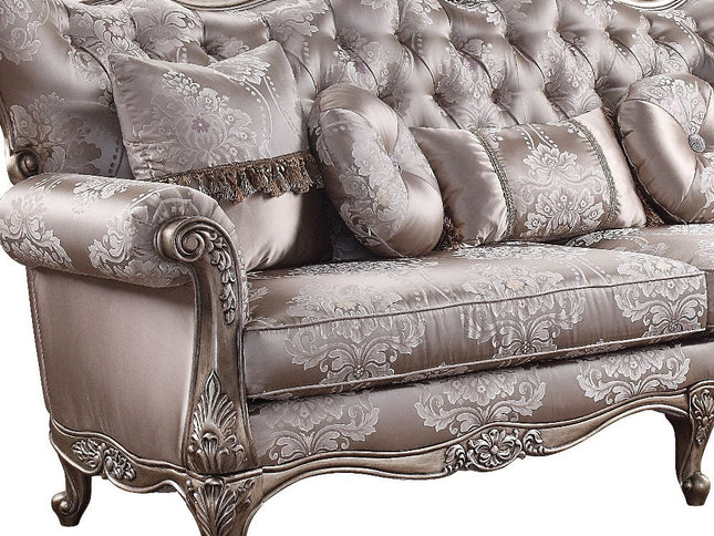 94" Dark Gray Imitation Silk Damask Sofa And Toss Pillows With Champagne Legs