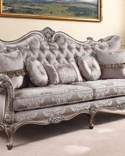 94" Dark Gray Imitation Silk Damask Sofa And Toss Pillows With Champagne Legs