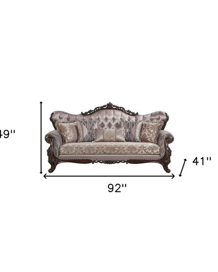 92" Champagne Imitation Silk Damask Sofa And Toss Pillows