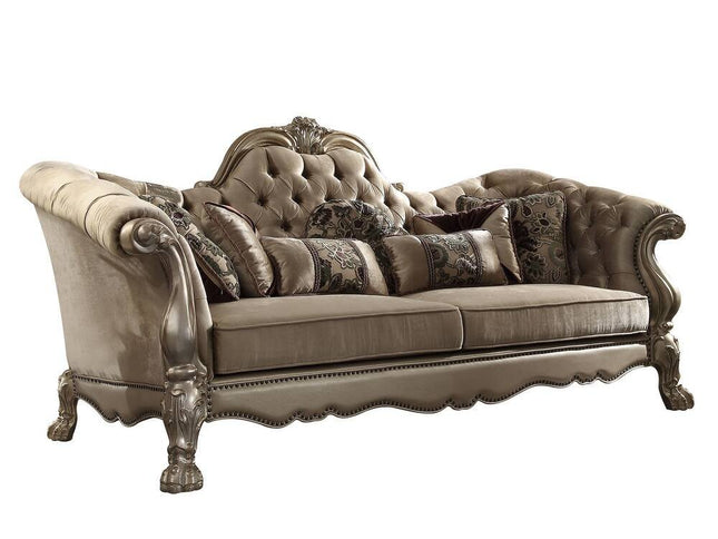 96" Bone Velvet Sofa And Toss Pillows With Gold Legs