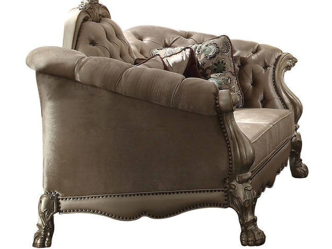 96" Bone Velvet Sofa And Toss Pillows With Gold Legs