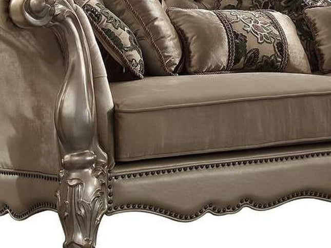 96" Bone Velvet Sofa And Toss Pillows With Gold Legs