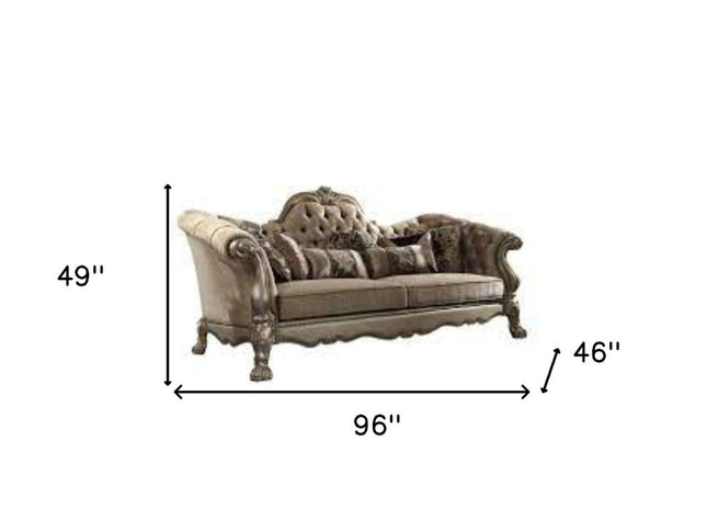 96" Bone Velvet Sofa And Toss Pillows With Gold Legs
