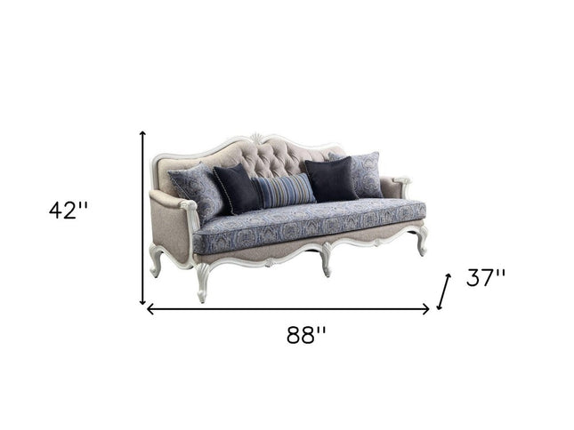 88" Cream Linen Damask Sofa And Toss Pillows With White Legs