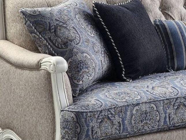 88" Cream Linen Damask Sofa And Toss Pillows With White Legs