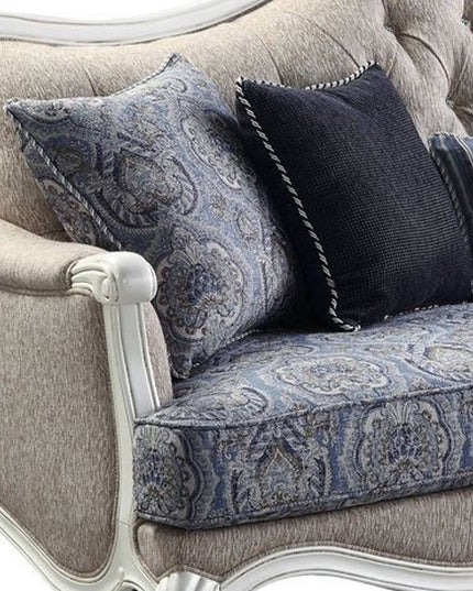 88" Cream Linen Damask Sofa And Toss Pillows With White Legs