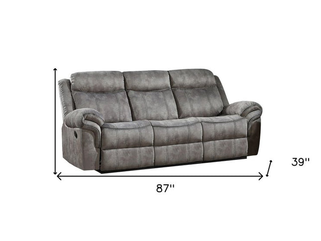 87" Gray Velvet Reclining USB Sofa With Black Legs