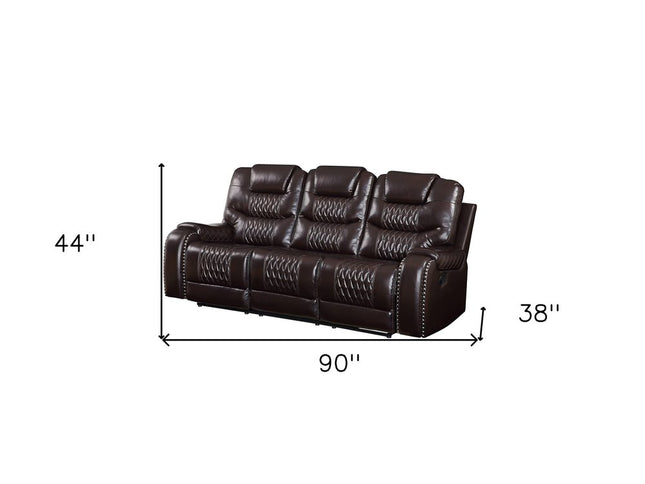 90" Brown Faux Leather Reclining Sofa With Black Legs