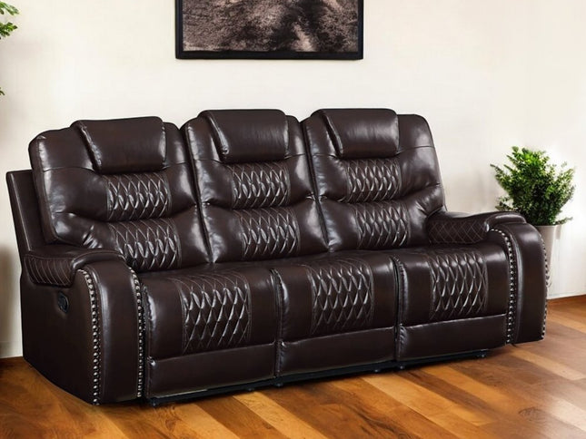 90" Brown Faux Leather Reclining Sofa With Black Legs