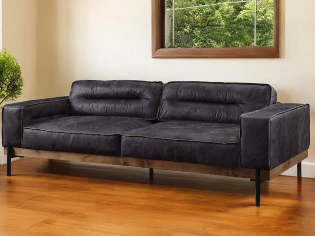 96" Ebony Top Grain Leather Sofa With Black Legs