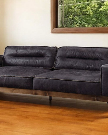 96" Ebony Top Grain Leather Sofa With Black Legs