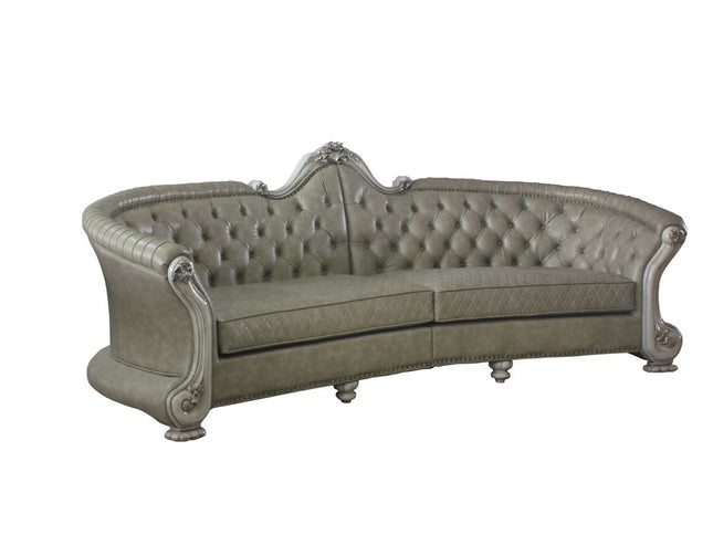 113" Bone Faux Leather Sofa And Toss Pillows With White Legs