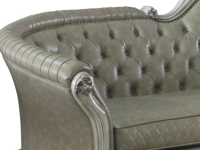 113" Bone Faux Leather Sofa And Toss Pillows With White Legs