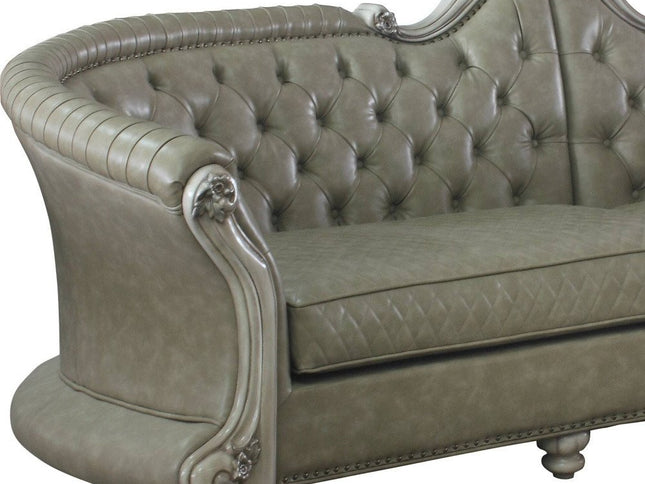 113" Bone Faux Leather Sofa And Toss Pillows With White Legs