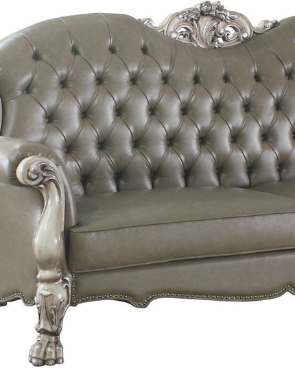96" Bone Faux Leather Sofa And Toss Pillows With White Legs
