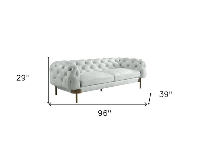 96" Light Slate Gray Top Grain Leather Sofa With Gold Legs