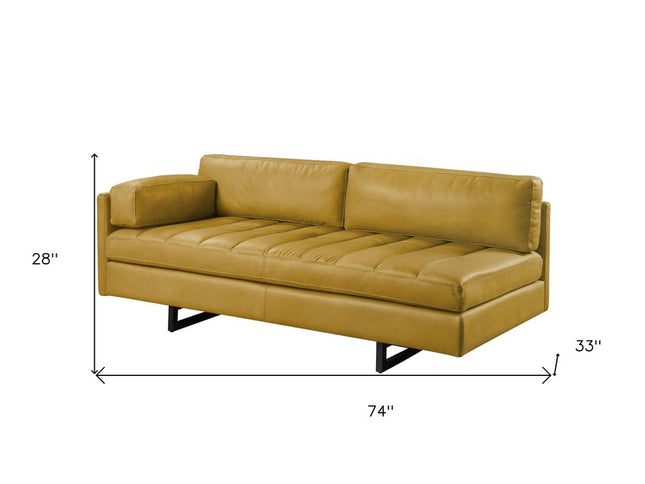 74" Mustard Top Grain Leather Sofa With Black Legs
