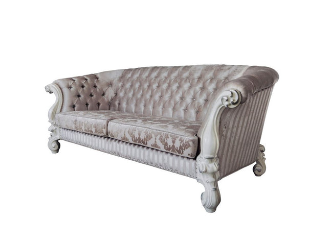 99" Ivory Velvet Damask Sofa And Toss Pillows With Bone Legs