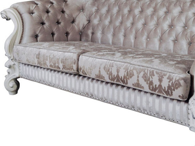 99" Ivory Velvet Damask Sofa And Toss Pillows With Bone Legs