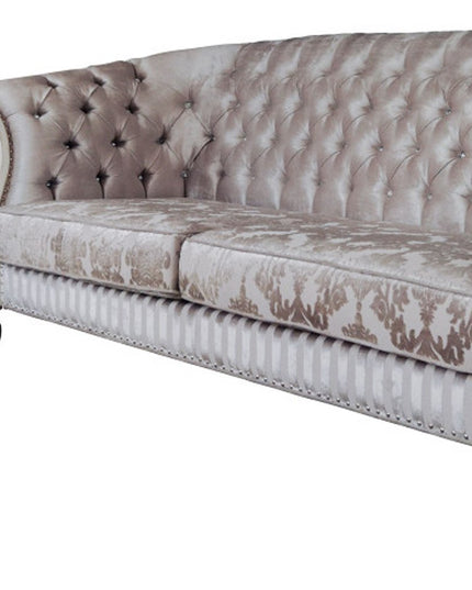 99" Ivory Velvet Damask Sofa And Toss Pillows With Bone Legs