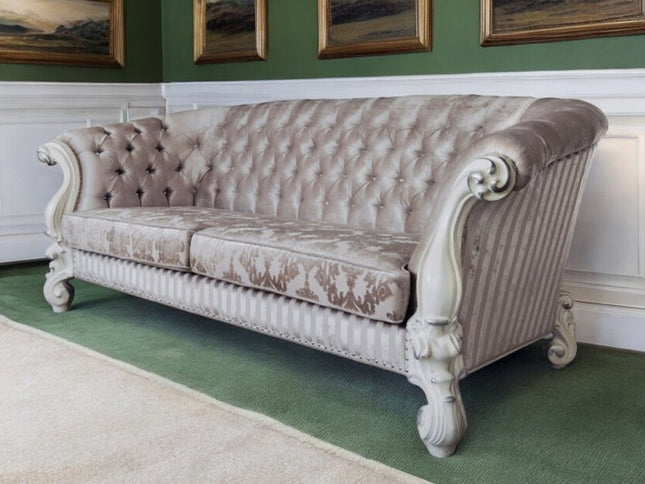 99" Ivory Velvet Damask Sofa And Toss Pillows With Bone Legs