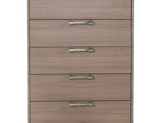 35" Brown Oak And Grey Solid And Manufactured Wood Five Drawer Chest