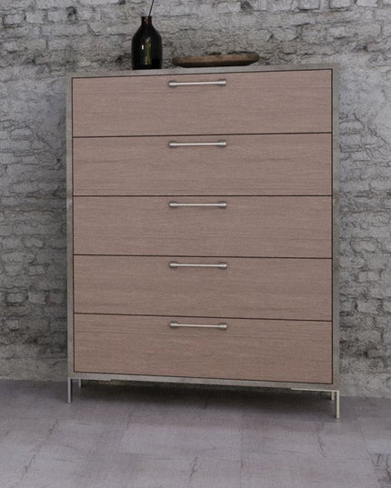 35" Brown Oak And Grey Solid And Manufactured Wood Five Drawer Chest