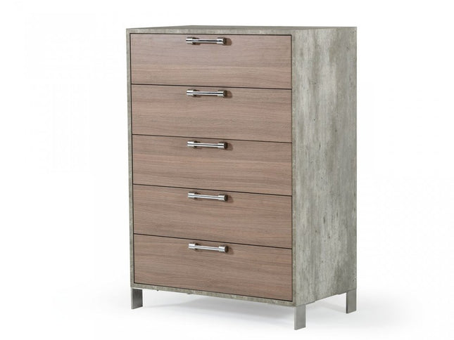 35" Brown Oak And Grey Solid And Manufactured Wood Five Drawer Chest