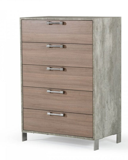 35" Brown Oak And Grey Solid And Manufactured Wood Five Drawer Chest