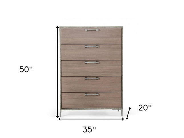 35" Brown Oak And Grey Solid And Manufactured Wood Five Drawer Chest