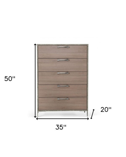 35" Brown Oak And Grey Solid And Manufactured Wood Five Drawer Chest