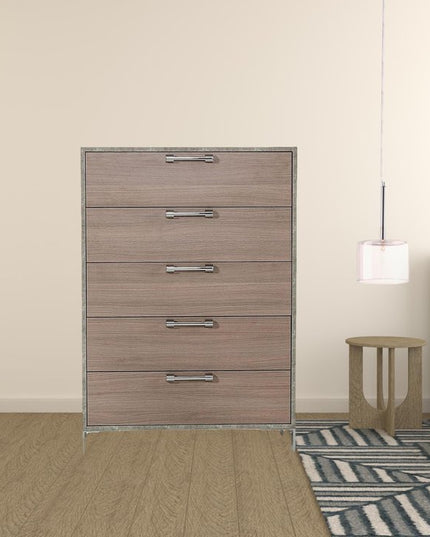35" Brown Oak And Grey Solid And Manufactured Wood Five Drawer Chest