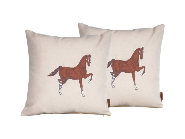 Set of Two 18" Beige And Brown Horse Throw Pillows with Embroidery