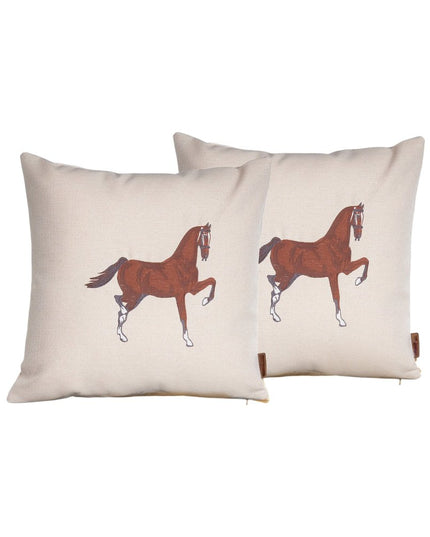 Set of Two 18" Beige And Brown Horse Throw Pillows with Embroidery