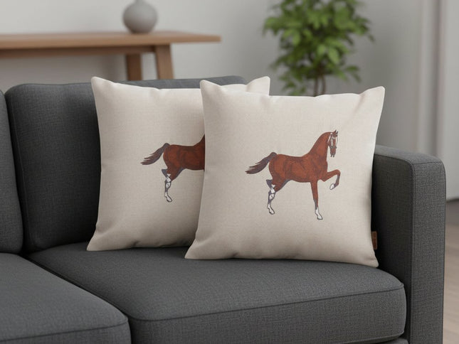 Set of Two 18" Beige And Brown Horse Throw Pillows with Embroidery