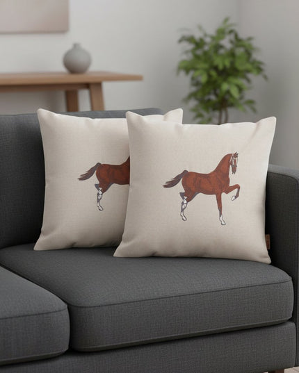 Set of Two 18" Beige And Brown Horse Throw Pillows with Embroidery