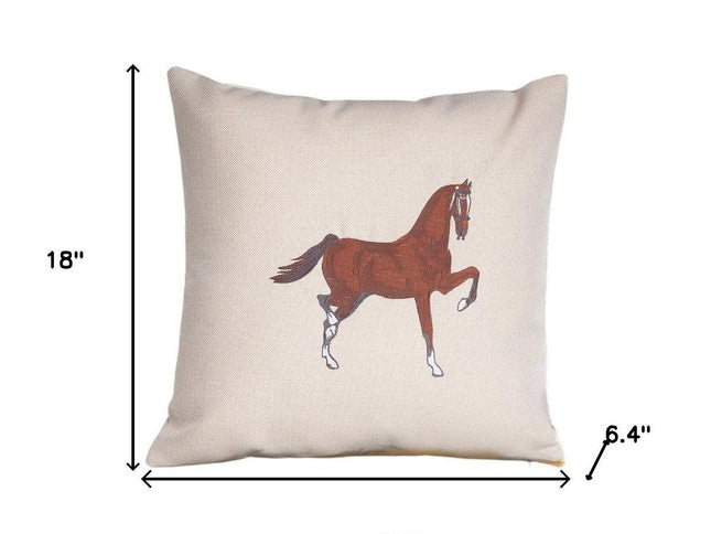 Set of Two 18" Beige And Brown Horse Throw Pillows with Embroidery