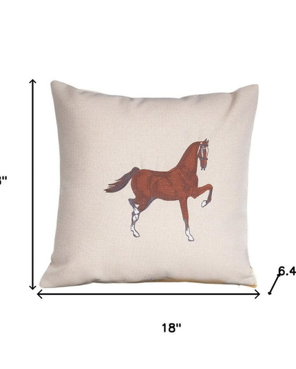 Set of Two 18" Beige And Brown Horse Throw Pillows with Embroidery