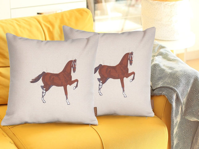 Set of Two 18" Beige And Brown Horse Throw Pillows with Embroidery