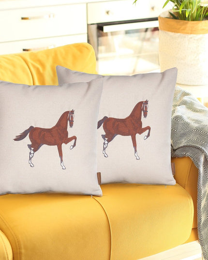 Set of Two 18" Beige And Brown Horse Throw Pillows with Embroidery