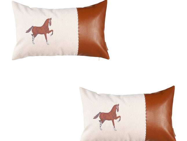 Set Of Two 20" X 12" Beige And Brown Horse Zippered Handmade Faux Leather Lumbar Pillow With Embroidery