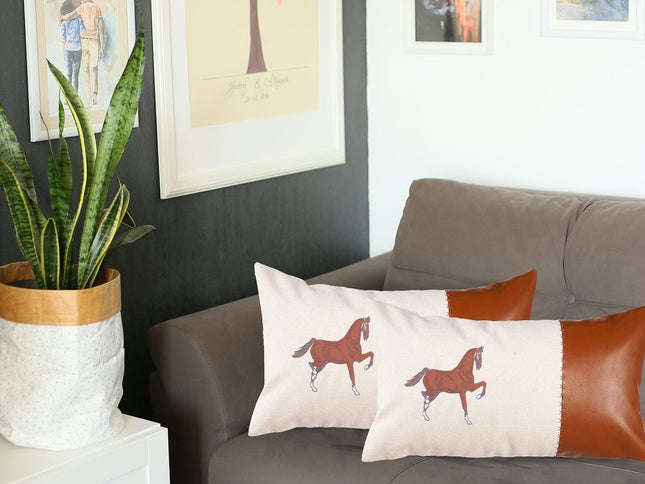 Set Of Two 20" X 12" Beige And Brown Horse Zippered Handmade Faux Leather Lumbar Pillow With Embroidery