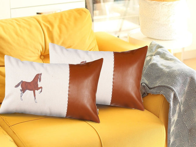 Set Of Two 20" X 12" Beige And Brown Horse Zippered Handmade Faux Leather Lumbar Pillow With Embroidery