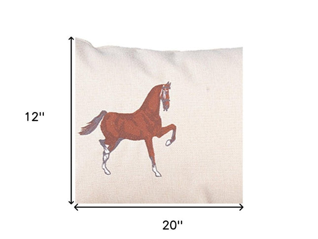 Set Of Two 20" X 12" Beige And Brown Horse Zippered Handmade Faux Leather Lumbar Pillow With Embroidery