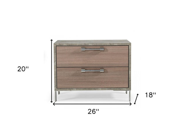 20" Brown And Gray Solid and Manufactured Wood Two Drawer Nightstand