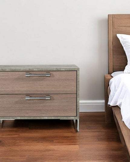 20" Brown And Gray Solid and Manufactured Wood Two Drawer Nightstand
